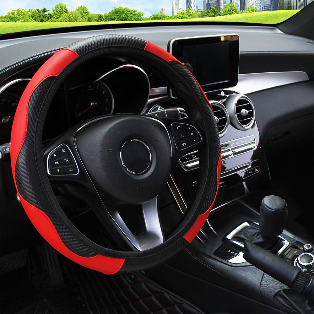 Car Steering Wheel Cover - Breathable Anti-Slip PU Leather Carbon Fiber Steering Cover - Delicate Leather