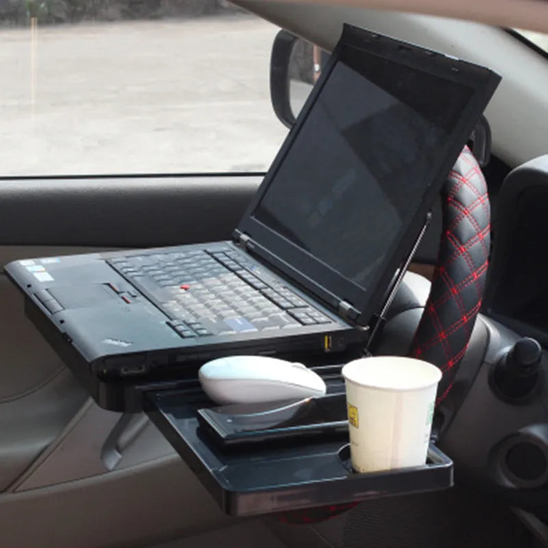 Foldable Car Computer Rack with Drawer Shelf - Steering Wheel and Seat Back Laptop Tray & Food Drink Holder Stand - Delicate Leather