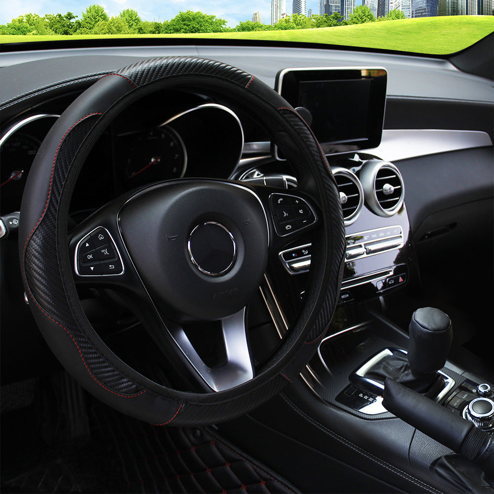 Car Steering Wheel Cover - Breathable Anti-Slip PU Leather Carbon Fiber Steering Cover - Delicate Leather