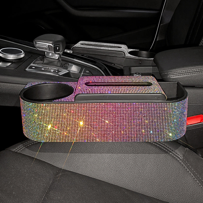 New Bling Rhinestones Car Seat Organizer with Leak-proof Cup Holder, Coin and Key Storage, Tissue Box, Auto Accessories Storage Box