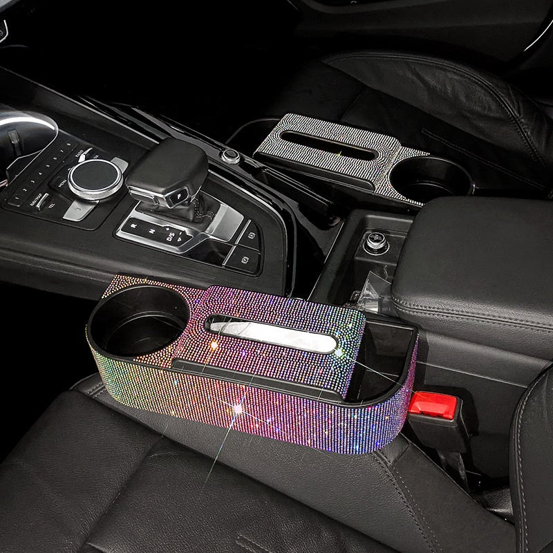 New Bling Rhinestones Car Seat Organizer with Leak-proof Cup Holder, Coin and Key Storage, Tissue Box, Auto Accessories Storage Box
