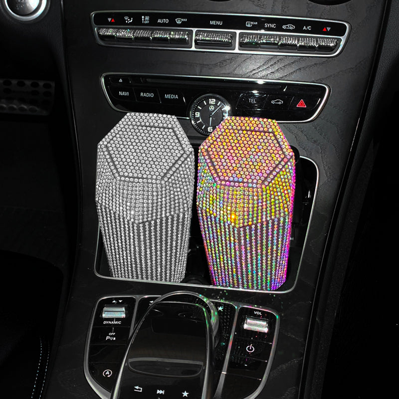 New Bling Diamond-Shaped Car Trash Can with Lid - Mini Garbage Storage Box - Delicate Leather