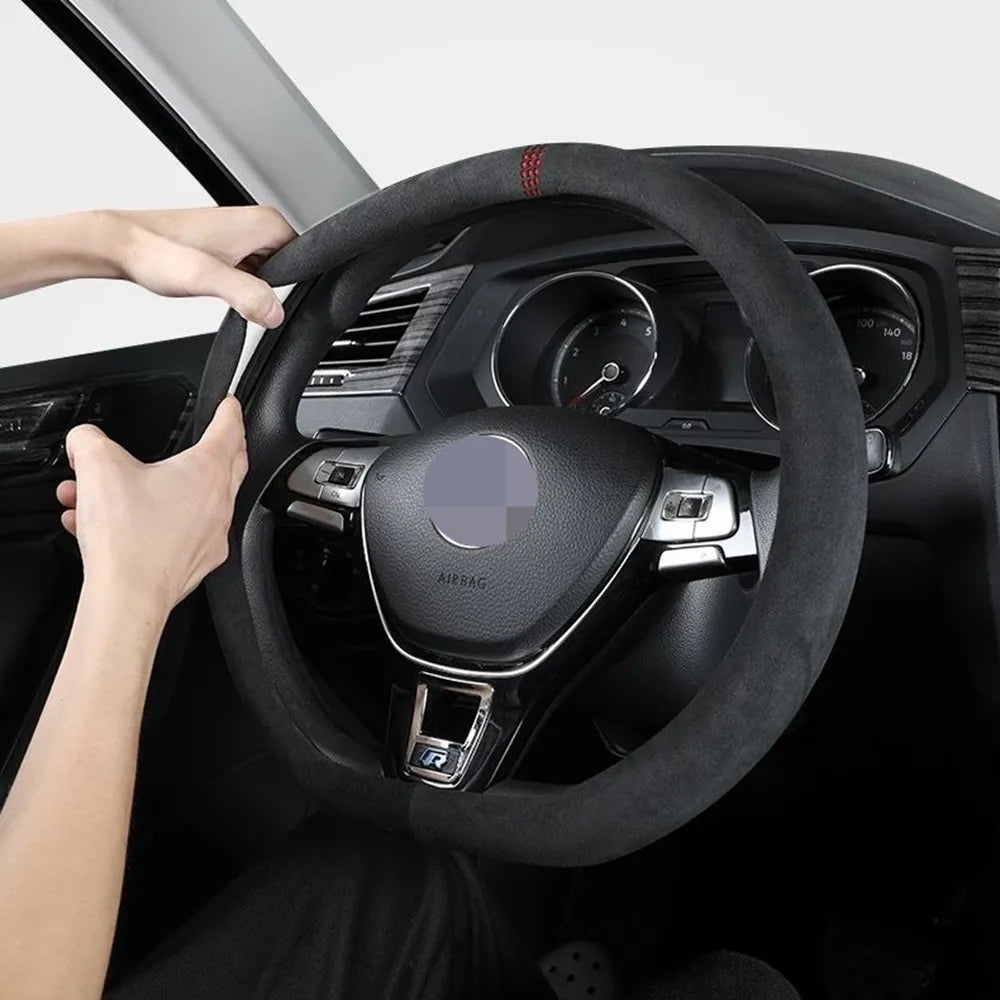 Cowhide Suede Steering Wheel Cover Wrap - Universal 37-38cm Breathable Steering Cover
