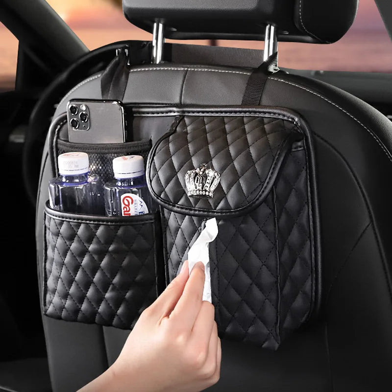 Cute Cartoon Car Paper Tissue Holder - Diamond Crown Auto Backseat Organizer - Delicate Leather