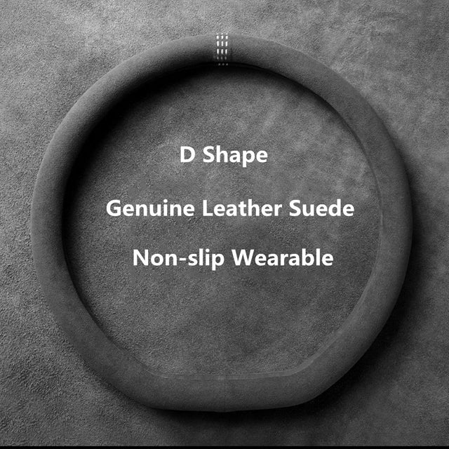 Cowhide Suede Steering Wheel Cover Wrap - Universal 37-38cm Breathable Steering Cover - Delicate Leather