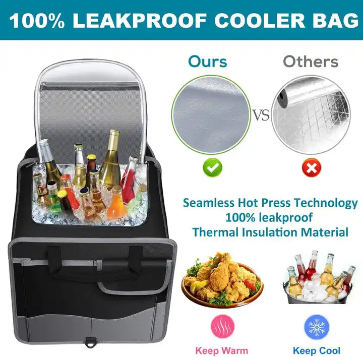 Collapsible Trunk Storage Organizer with Integrated Cooler, Spacious Multi-Compartment Design, and Waterproof Features for Cars - Delicate Leather