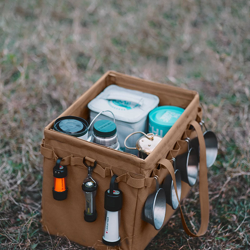 Outdoor Carrying Box Folding Tote Bag - Portable Travel Storage Organizer for Camping Tools, Tableware, and Sundries - Delicate Leather