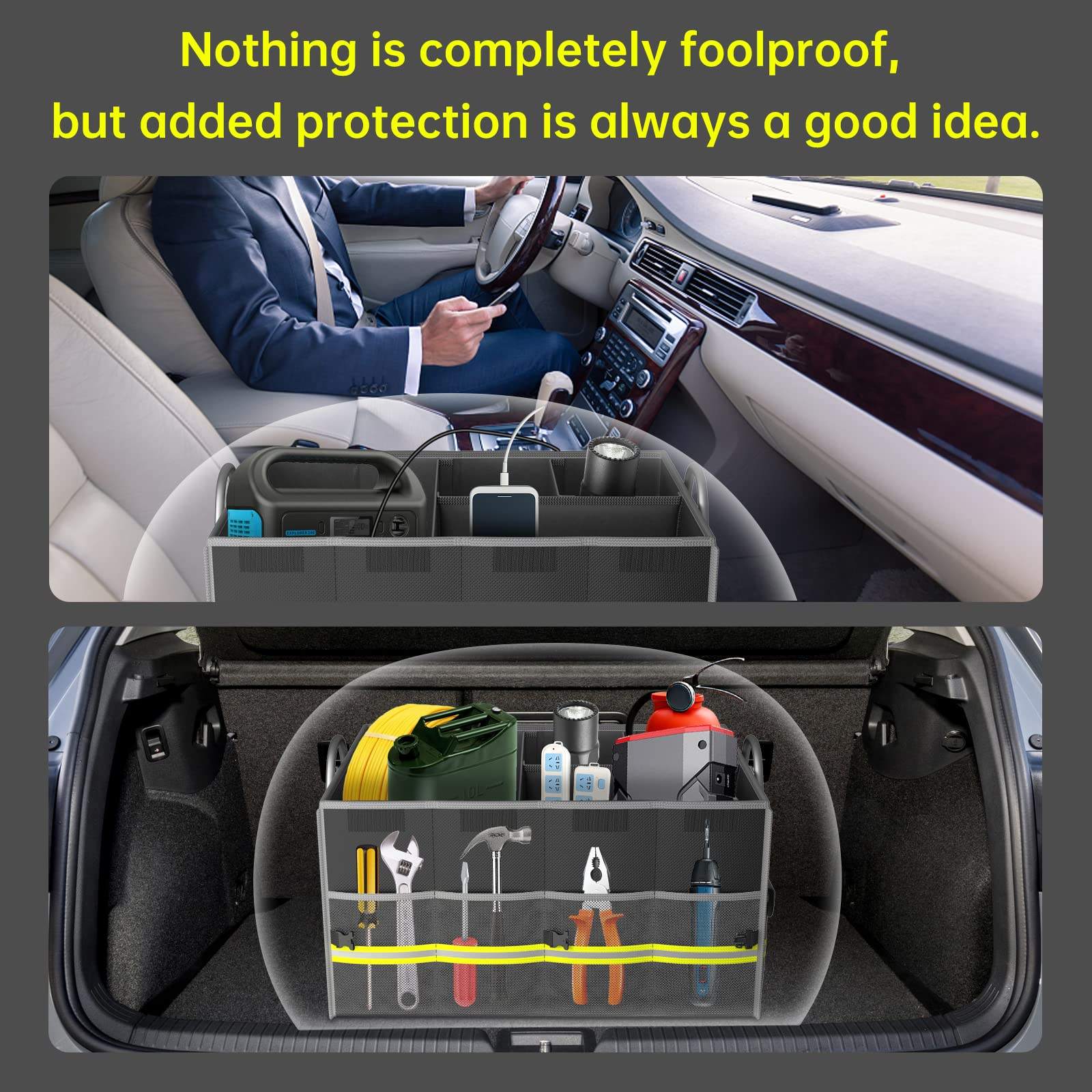Trunk Car Boot Organiser with Lid - Collapsible Waterproof Non-Slip Foldable Car Box Bag with Handles and Reflective Strips - Delicate Leather
