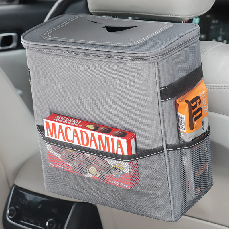Car Trash Bag with Storage Pockets - Waterproof Garbage Bag with Lid and Storage Pockets - Delicate Leather