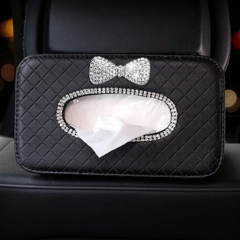 Rhinestone Flower Car Tissue Box Holder - Auto Seat Back Headrest Hanging Tissue Case Organizer - Delicate Leather
