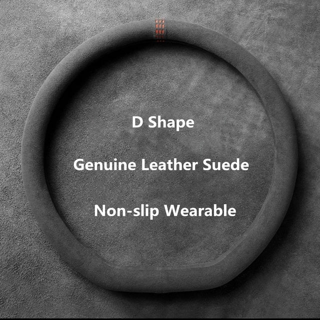 Cowhide Suede Steering Wheel Cover Wrap - Universal 37-38cm Breathable Steering Cover - Delicate Leather