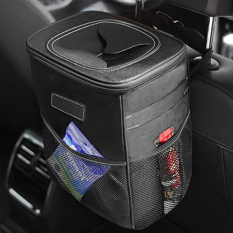 Car Trash Bag with Storage Pockets - Waterproof Garbage Bag with Lid and Storage Pockets - Delicate Leather