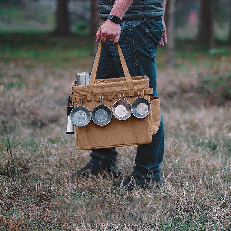 Outdoor Carrying Box Folding Tote Bag - Portable Travel Storage Organizer for Camping Tools, Tableware, and Sundries - Delicate Leather