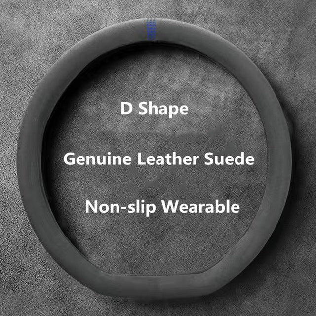 Cowhide Suede Steering Wheel Cover Wrap - Universal 37-38cm Breathable Steering Cover - Delicate Leather