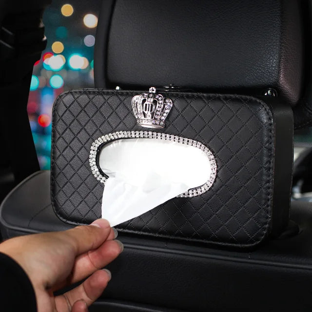 Rhinestone Flower Car Tissue Box Holder - Auto Seat Back Headrest Hanging Tissue Case Organizer - Delicate Leather