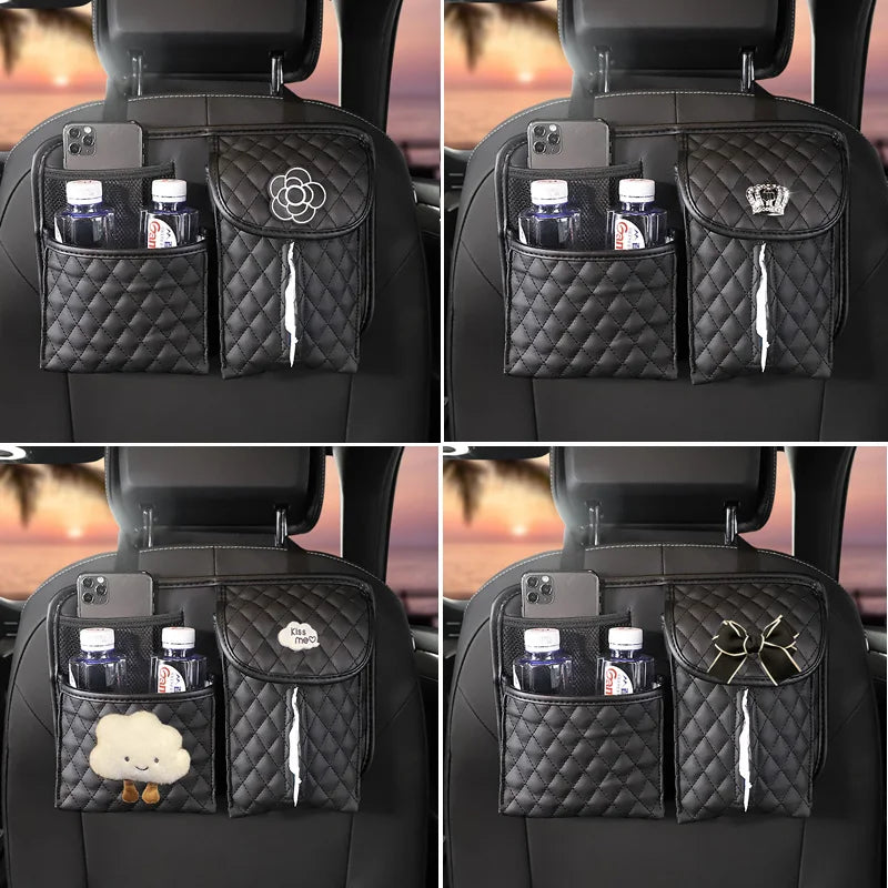 Cute Cartoon Car Paper Tissue Holder - Diamond Crown Auto Backseat Organizer - Delicate Leather