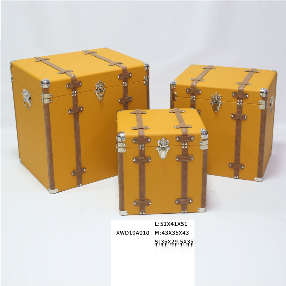 Small Vintage Leather Storage Drawer Trunk - Set Of 3 - Delicate Leather