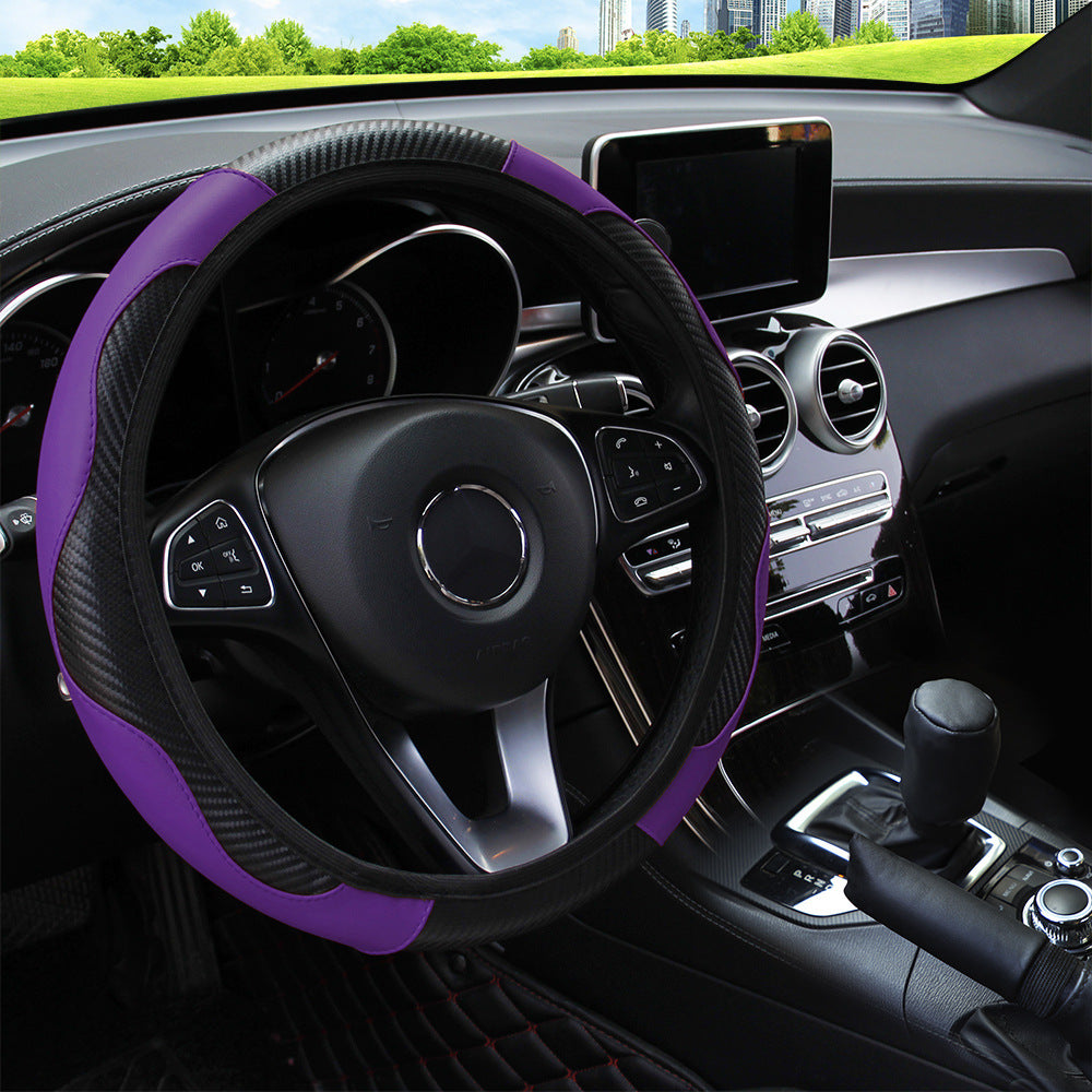 Car Steering Wheel Cover - Breathable Anti-Slip PU Leather Carbon Fiber Steering Cover - Delicate Leather