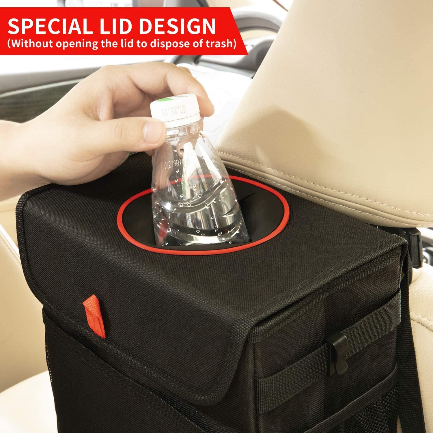 Custom Leakproof Collapsible Hanging Car Seat Garbage Organizer Can - Car Trash Bin with Lid - Delicate Leather