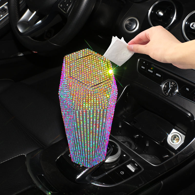 New Bling Diamond-Shaped Car Trash Can with Lid - Mini Garbage Storage Box - Delicate Leather