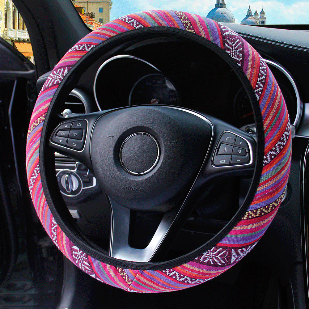 37-38cm Universal Elastic Car Steering Wheel Cover - Four Seasons Ethnic Style Car Interior Accessories - Delicate Leather