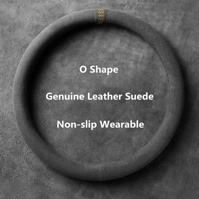 Cowhide Suede Steering Wheel Cover Wrap - Universal 37-38cm Breathable Steering Cover - Delicate Leather