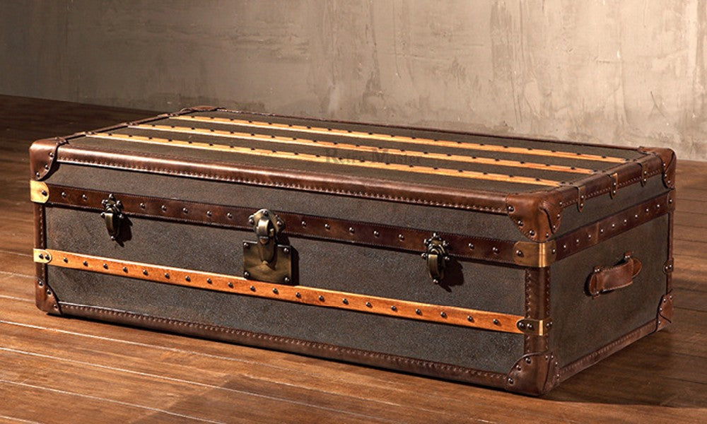 American Retro Industrial Steamer Chest Trunk with Vintage Leather Line - Delicate Leather