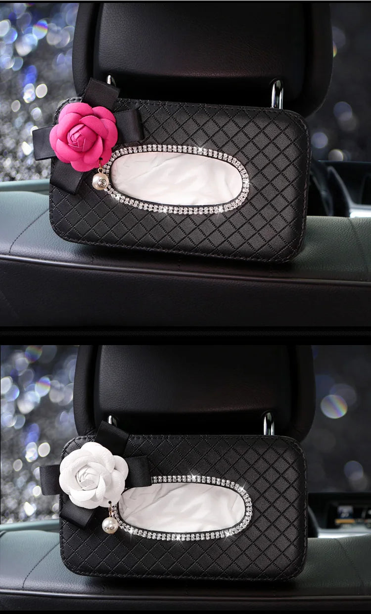 Rhinestone Flower Car Tissue Box Holder - Auto Seat Back Headrest Hanging Tissue Case Organizer - Delicate Leather