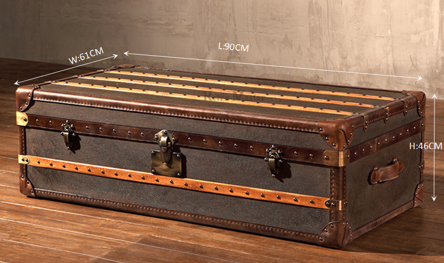 American Retro Industrial Steamer Chest Trunk with Vintage Leather Line - Delicate Leather