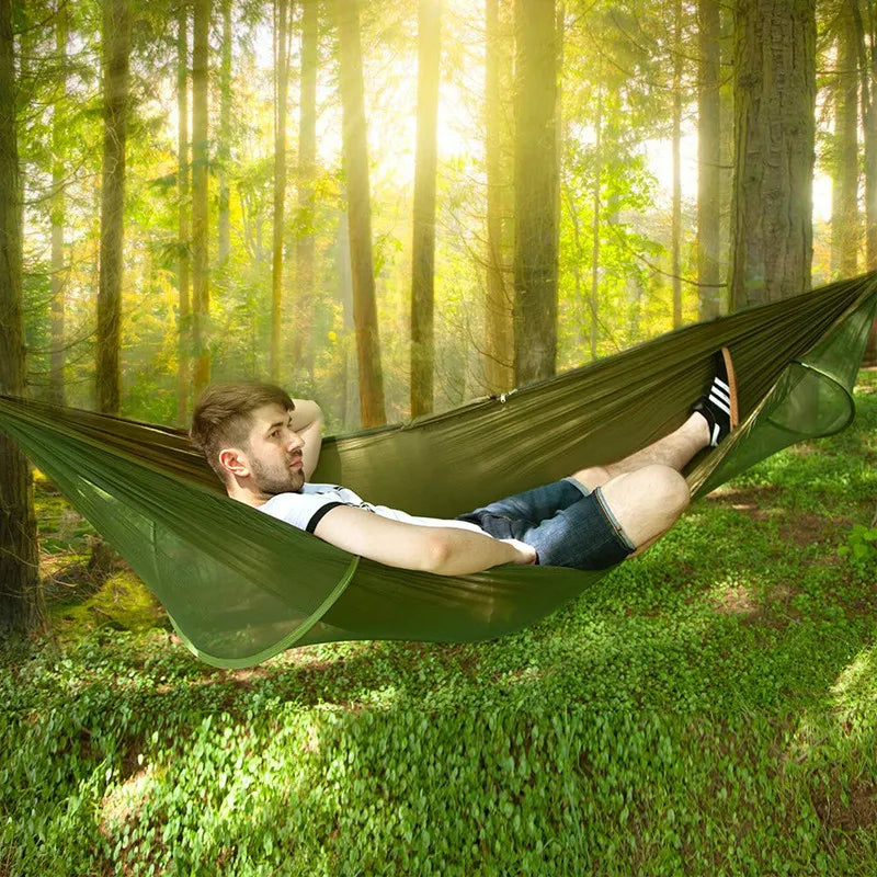 Premium Lightweight Camping Hammock with Integrated Pop-Up Mosquito Net: Durable Parachute Material, Portable Outdoor Swing Sleeping Hammock for Campers - Delicate Leather