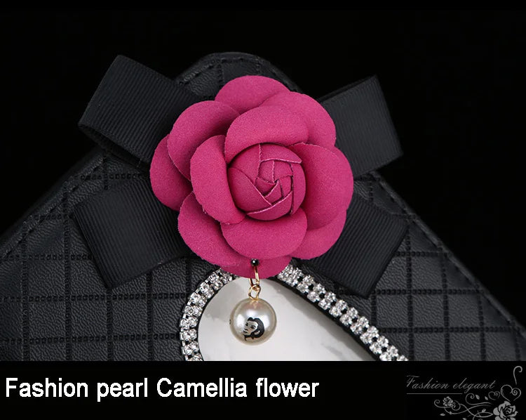Rhinestone Flower Car Tissue Box Holder - Auto Seat Back Headrest Hanging Tissue Case Organizer - Delicate Leather