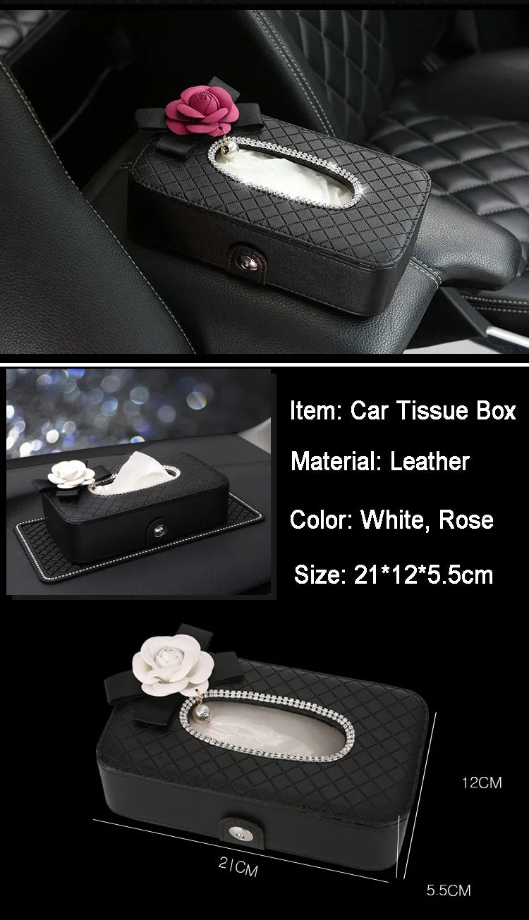 Rhinestone Flower Car Tissue Box Holder - Auto Seat Back Headrest Hanging Tissue Case Organizer - Delicate Leather