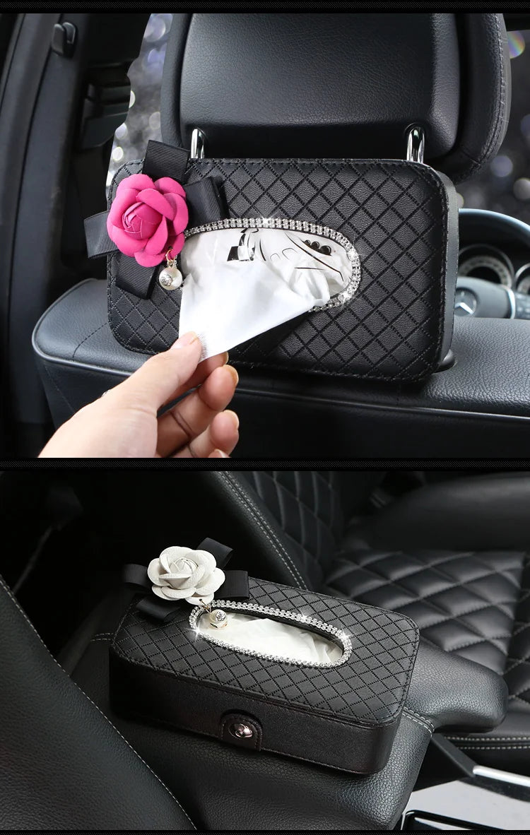 Rhinestone Flower Car Tissue Box Holder - Auto Seat Back Headrest Hanging Tissue Case Organizer - Delicate Leather