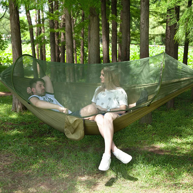 Premium Lightweight Camping Hammock with Integrated Pop-Up Mosquito Net: Durable Parachute Material, Portable Outdoor Swing Sleeping Hammock for Campers - Delicate Leather