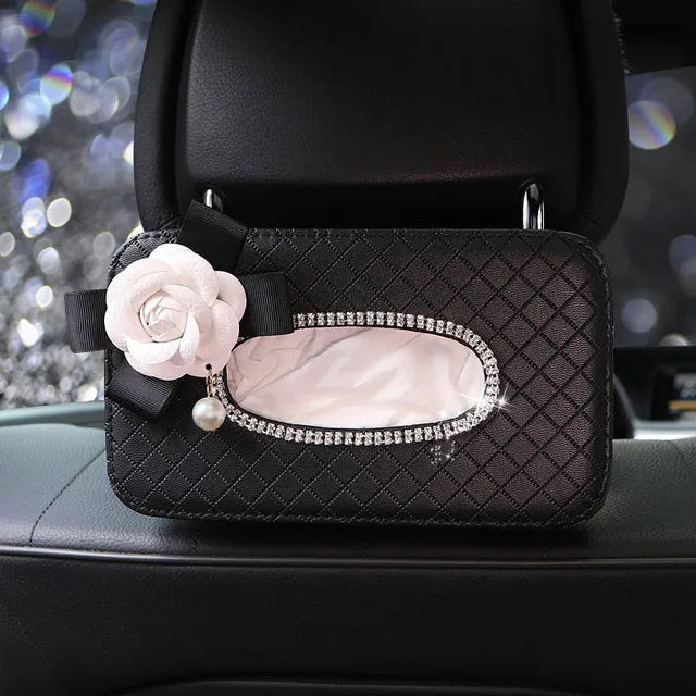 Rhinestone Flower Car Tissue Box Holder - Auto Seat Back Headrest Hanging Tissue Case Organizer - Delicate Leather
