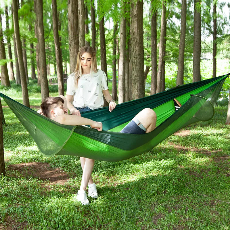 Premium Lightweight Camping Hammock with Integrated Pop-Up Mosquito Net: Durable Parachute Material, Portable Outdoor Swing Sleeping Hammock for Campers - Delicate Leather