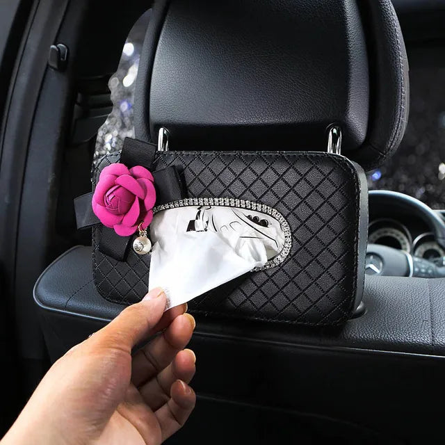 Rhinestone Flower Car Tissue Box Holder - Auto Seat Back Headrest Hanging Tissue Case Organizer - Delicate Leather