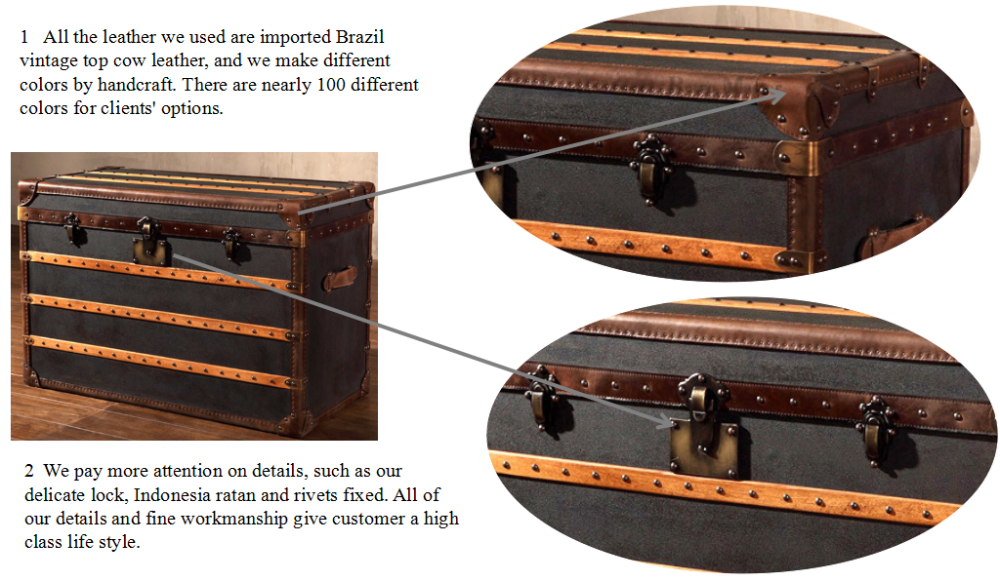 American Retro Industrial Steamer Chest Trunk with Vintage Leather Line - Delicate Leather