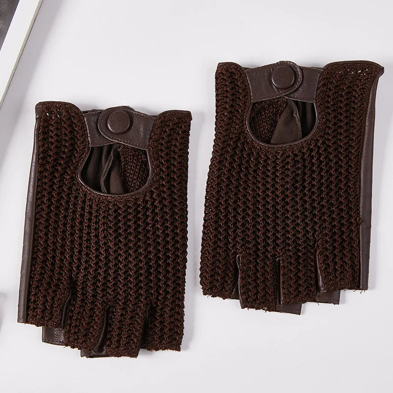 Autumn Winter Men's Wool Knitted Goatskin Touch Screen Locomotive Mittens - Genuine Leather Motorcycle Driving - Delicate Leather