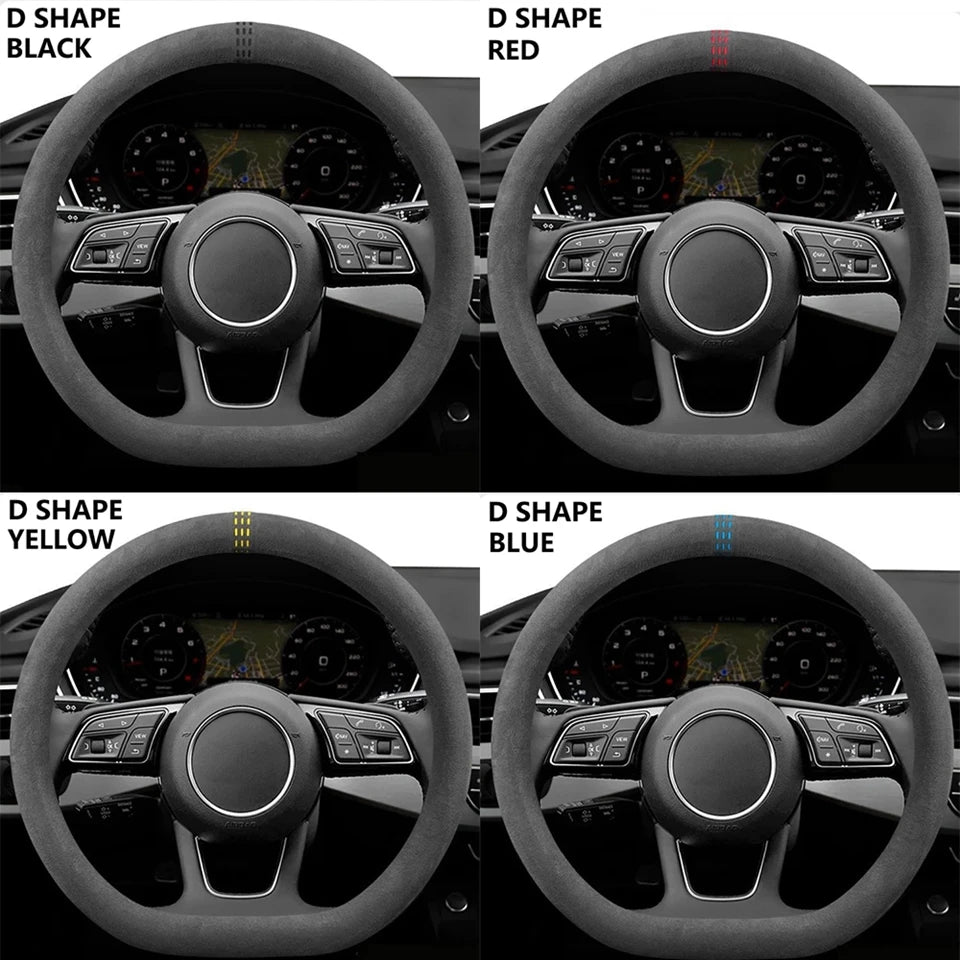 Car Steering Wheel Cover - Cowhide Suede Steering Wheel Wrap - Universal 37-38cm Breathable Steering Cover - Delicate Leather