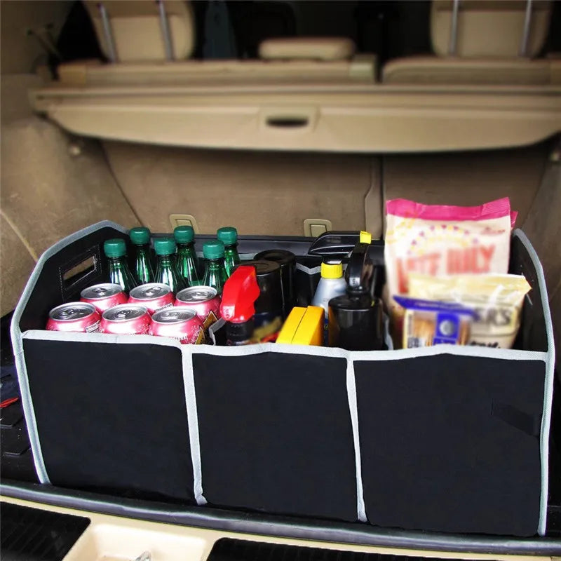 Car Trunk Storage Box - Extra Large Collapsible Organizer with 3 Compartments - Delicate Leather