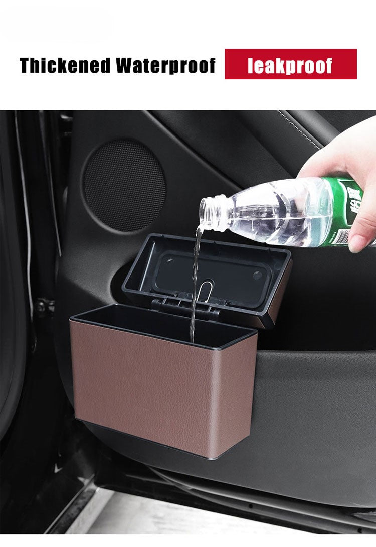 Car Trash Bin Waterproof Portable Garbage Can with Lid, Fit with all car, Mini Car Accessories with Lid and Trash Bag, Cute Car Organizer Bin, Small Garbage Can for Storage and Organization - Delicate Leather