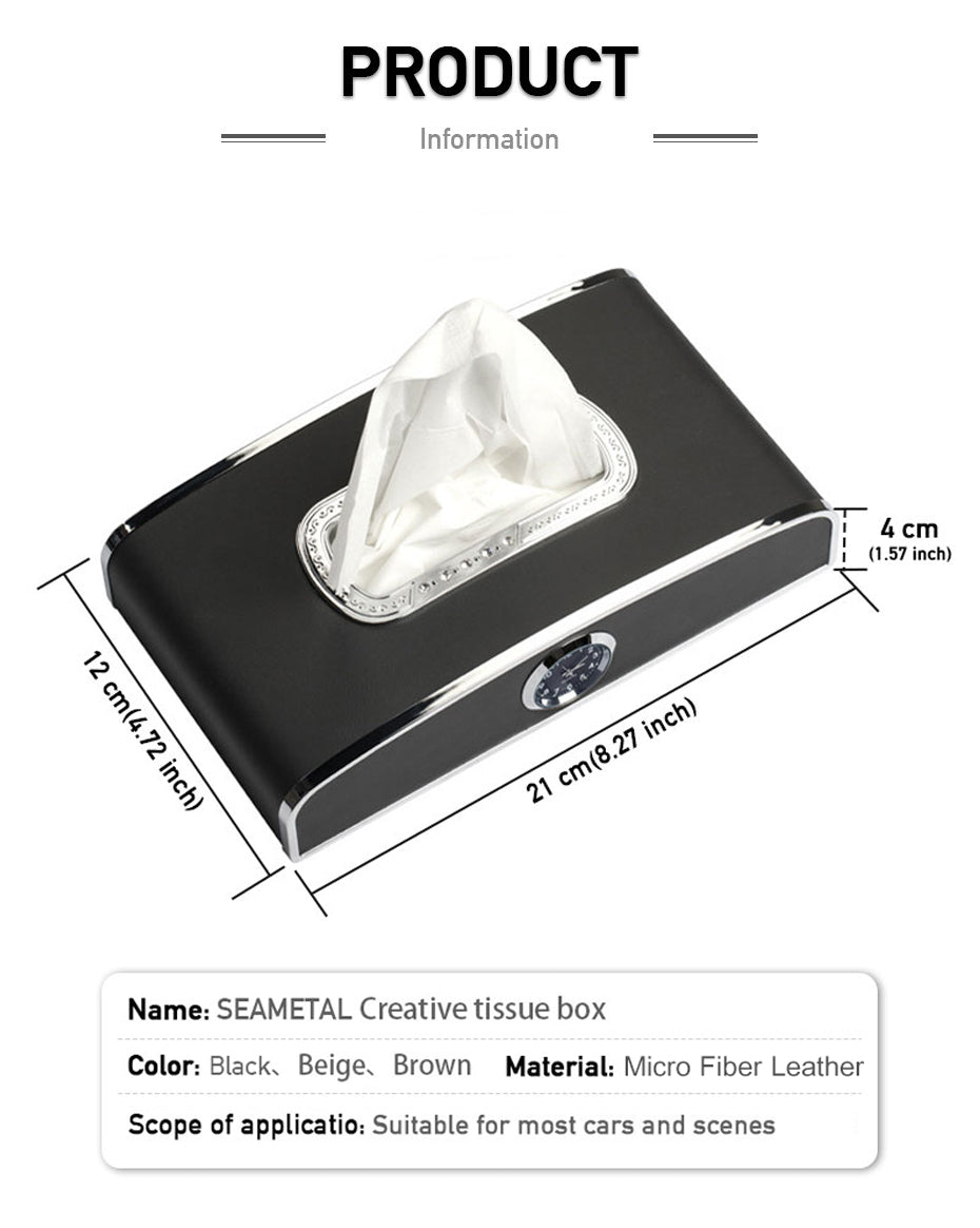 Multi-function Car Tissue Box With Clock Dispenser, Dashboard Napkin Holder, Parking Number Plate, Armrest Auto Tissue Holder Box - Delicate Leather