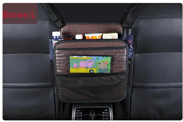 Car Leather Multi-Pocket Handbag Holder - Seat Storage Between Seat Organizer, Kid and Pet Barrier - Delicate Leather