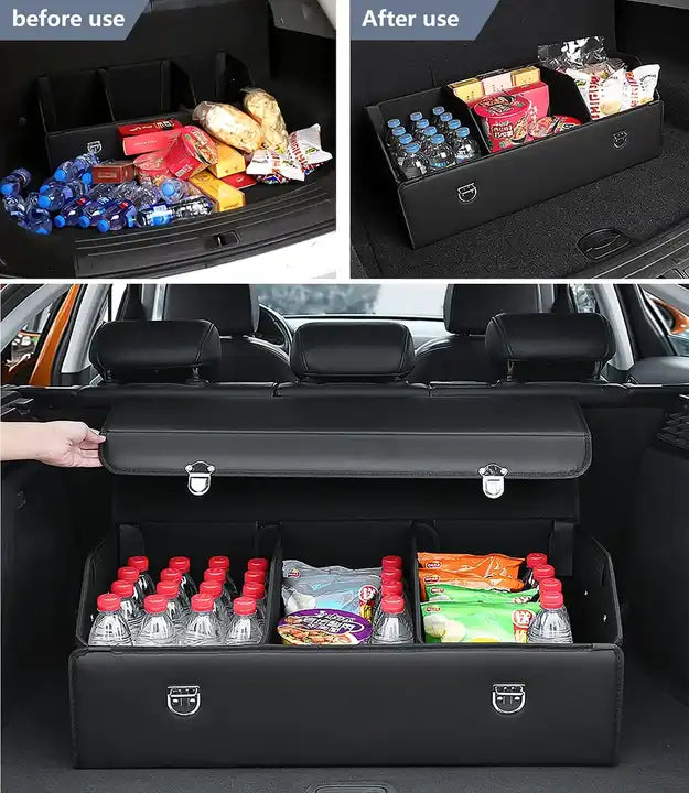 Leather Car Boot Storage Box Trunk , Cargo Organizer SUV Trunk Storage Waterproof Collapsible Durable Multi Compartments - Delicate Leather