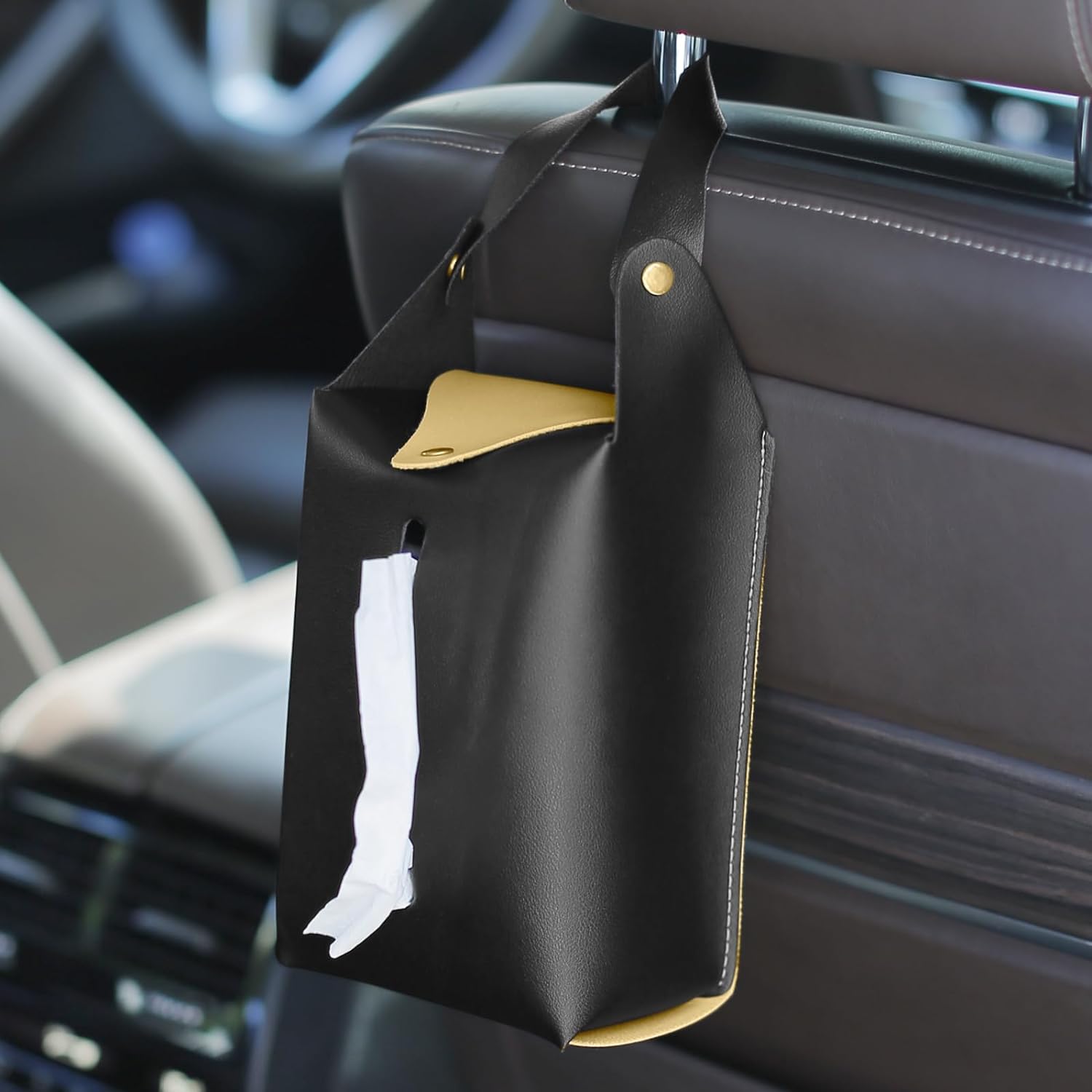 Foldable Design Waterproof Oxford Vehicle Headrest Hanging Storage Bag Car Trash Can with Leakproof PEVA Lining - Delicate Leather