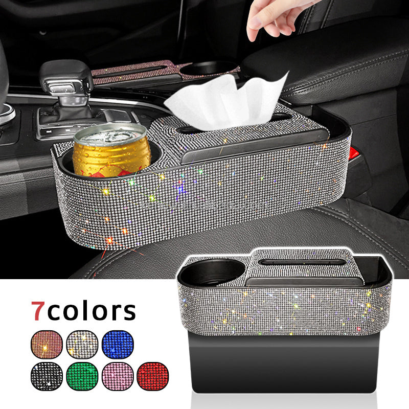New Bling Rhinestones Car Seat Organizer with Leak-proof Cup Holder, Coin and Key Storage, Tissue Box, Auto Accessories Storage Box