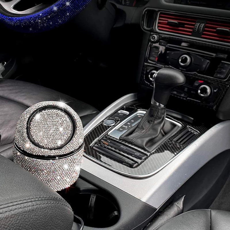 Bling Diamond-Encrusted Auto Garbage Can Car Trash Can with Lid - Delicate Leather