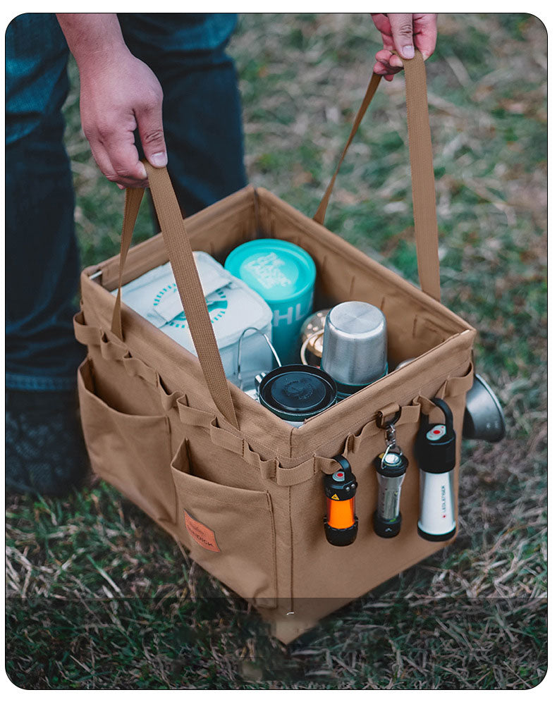 Outdoor Carrying Box Folding Tote Bag - Portable Travel Storage Organizer for Camping Tools, Tableware, and Sundries - Delicate Leather