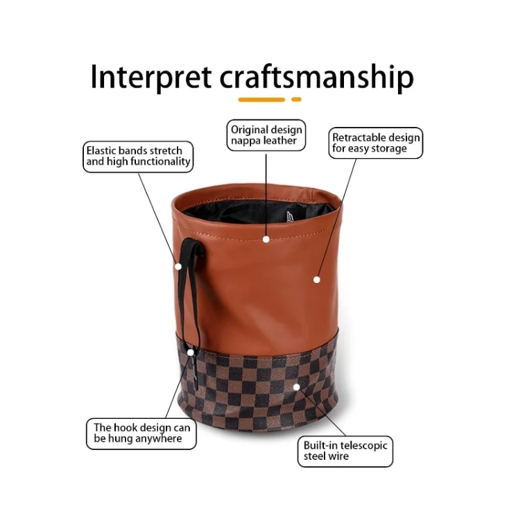 Waterproof Leather Car Trash Can - Foldable and Portable Garbage Organizer for Auto Seat Back Headrest, Compact 17x25cm Automotive Dust Bin and Storage Bag - Delicate Leather